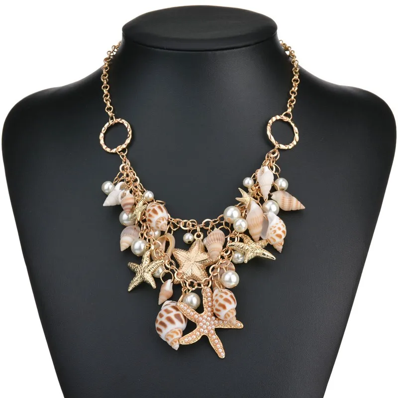 

Fashion Starfish Shell Pearl Pendant Necklace Women Bohemia Summer Beach Statement Necklace (KNK5102), Same as the picture