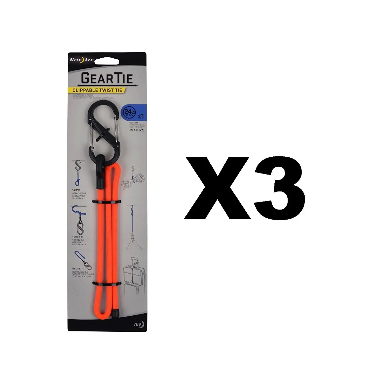 Nite Ize Gear Tie Clippable 12/" Neon Yellow Durable Twist Tie w// S-Biner 3-Pack