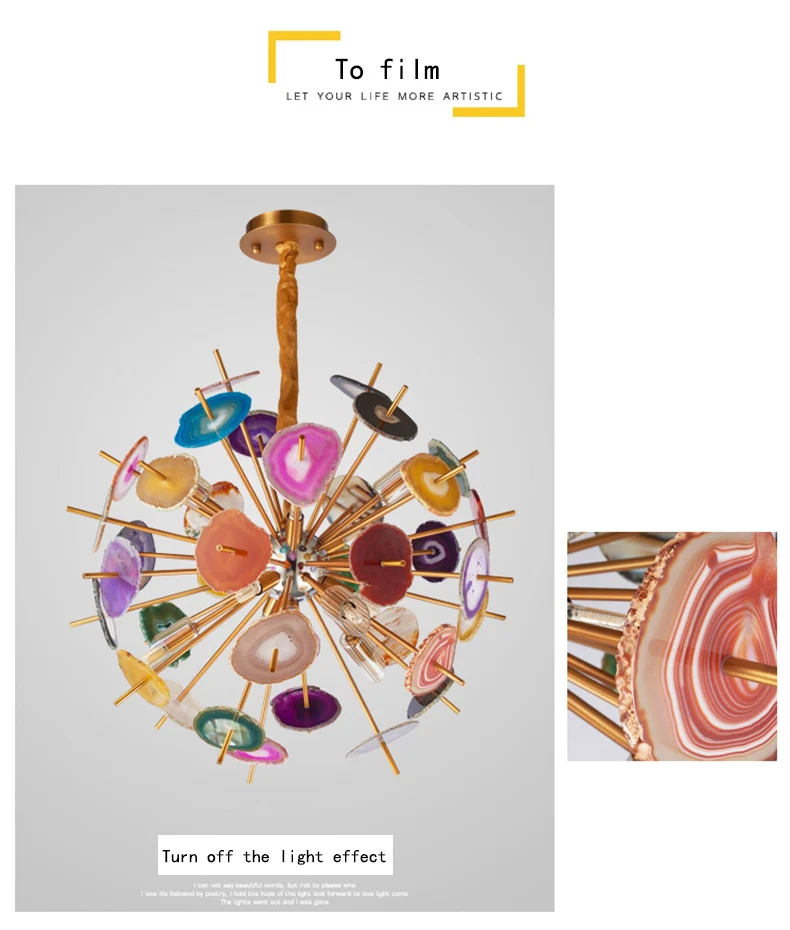 hot sale unique design Colorful Agate Stone round natural ball brass G9 LED Light chandelier