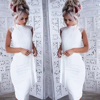 

New Spring Summer Dress Vintage Woman Stand Neck Sleeveless Party Short Mini Dress White Lace Dresses Women Lady Elegant