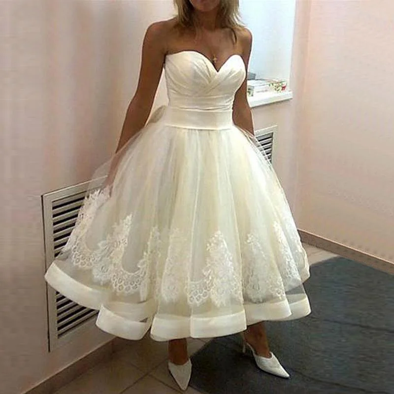 

Organza Fabric A Line Sweetheart Tea Length Fashion Bridal Wedding Gown Dress, White/ivory