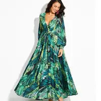 

2020 New British Style V Neck Sexy Long Sleeve Printed Women Bow Green Leaf Dress