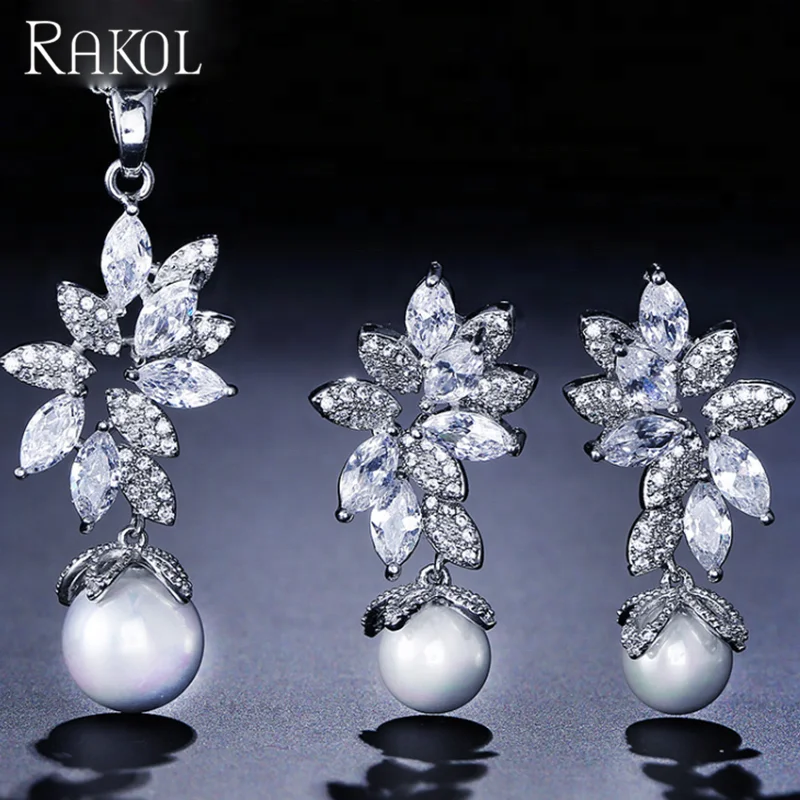 

RAKOL brand crystal CZ zircon accessories flower shape pearl drop earrings necklace set S3004, As picture