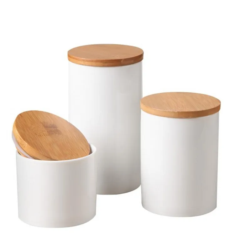 Bamboo cover cylinder shape unique kitchen white ceramic  canister sets for food storage 