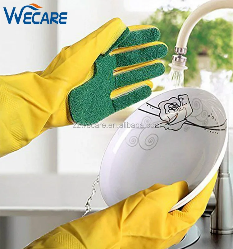 Fashionable Household Rubber Washing Dishes Latex Gloves With Sponge