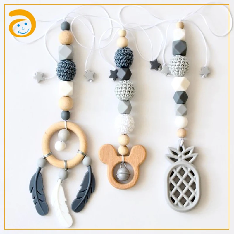 
wooden gym toy wood teether for baby stroller chain 