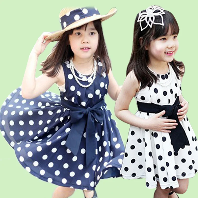 Online Wholesale Kids Cheap Casual Dresses Chiffon Dot Bowknot Dress