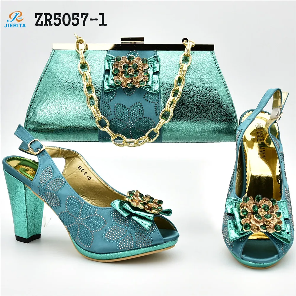 teal green shoes and bag