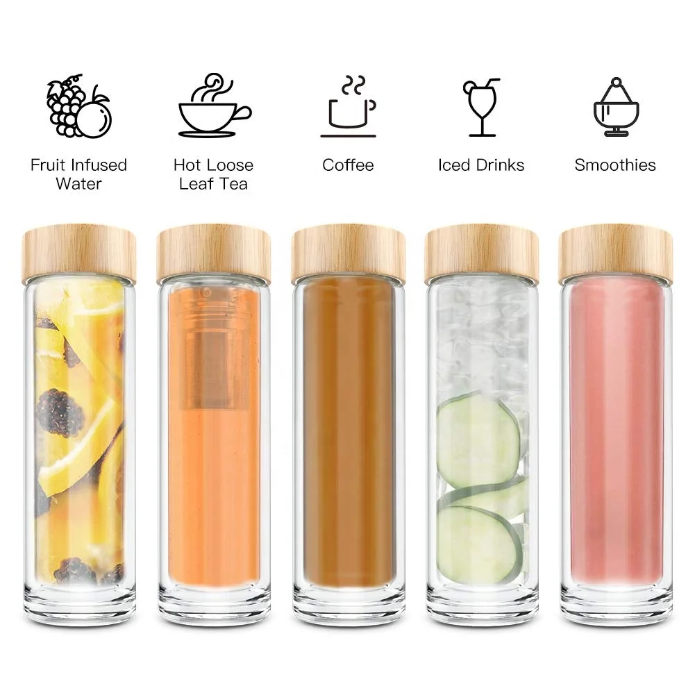 

Custom Logo Double Wall High Borosilicate Glass Tea Tumbler Infuser Bottle with Strainer for Loose Leaf Herbal with Bamboo Lid, Transparent color