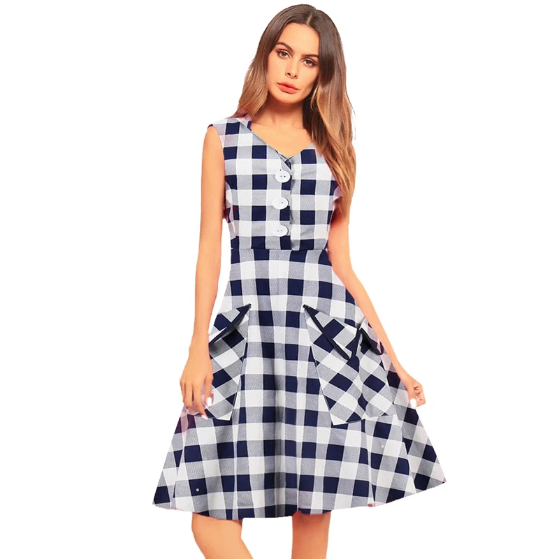 

Women Plaid Swing Retro Large Pockets Lapel Collar Flare Skater Midi African Summer Dress