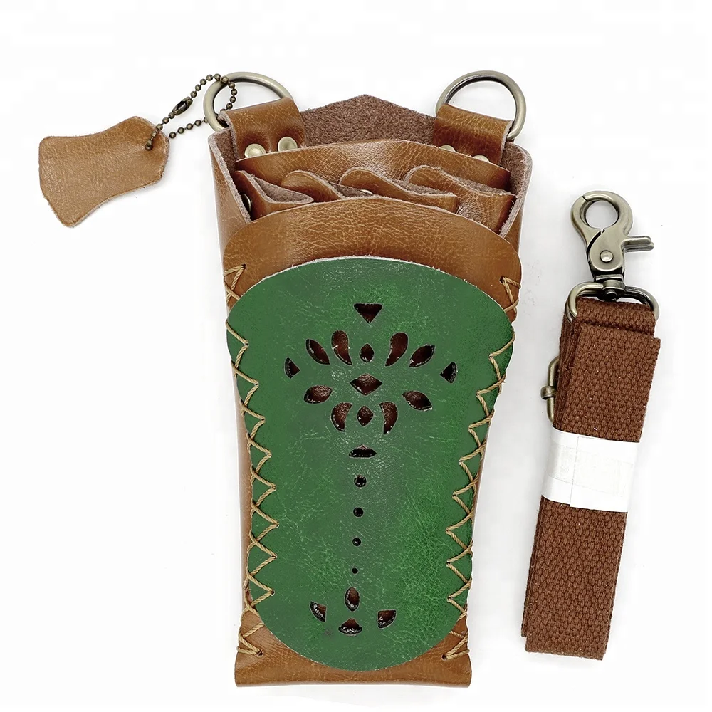

Real Leather Hair Cutting Shears Holder Holster Case Hair Stylist Hairdressing Tools Bag Scissor Pouch, Brown&green