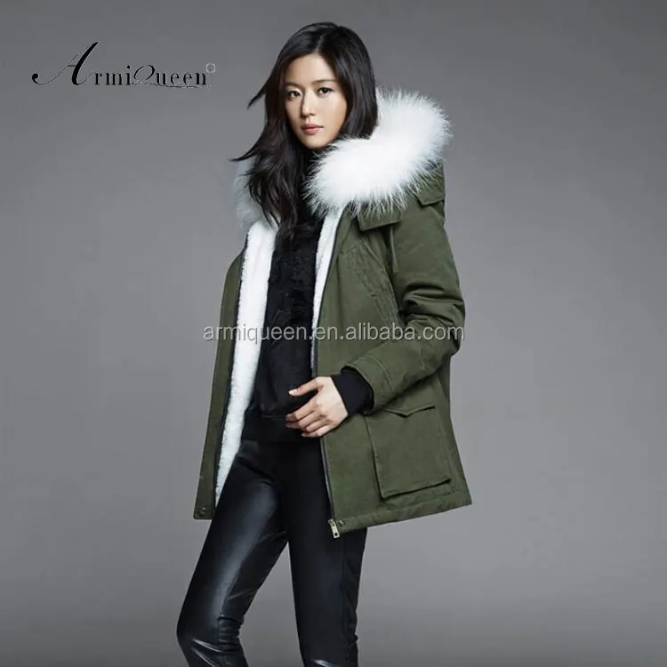 

2017 Wholesale Korean Style Womens White Lining Military Parka, Ladies Winter Coats With Raccoon Fur Hood, Picture and customized