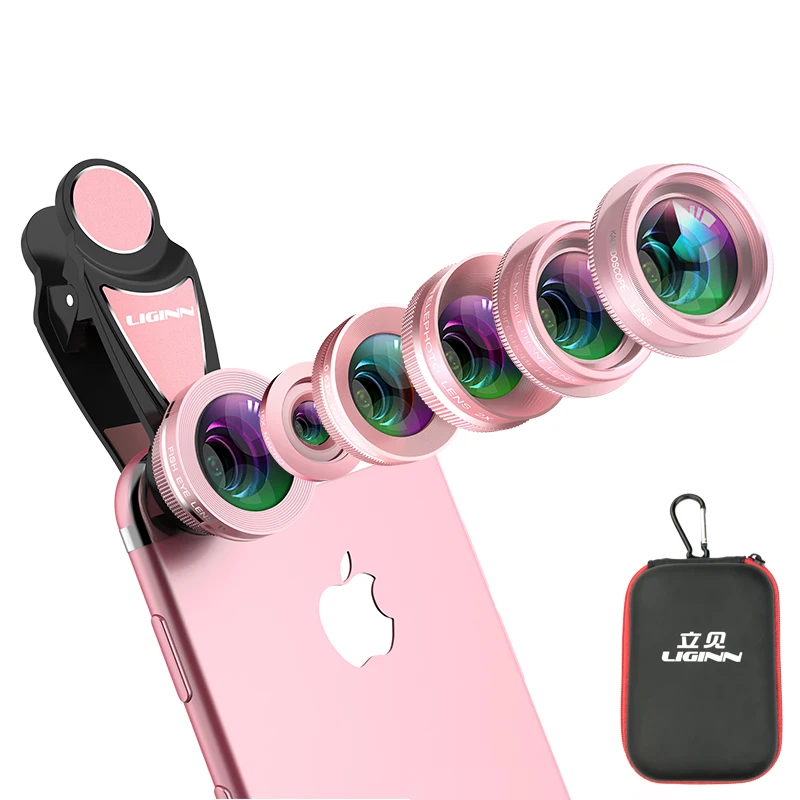 

6 in 1 lens kit macro wide angle fish eye telephoto cpl filter kaleidoscope lens kit for mobile phone with universal clip, Black rose gold gold
