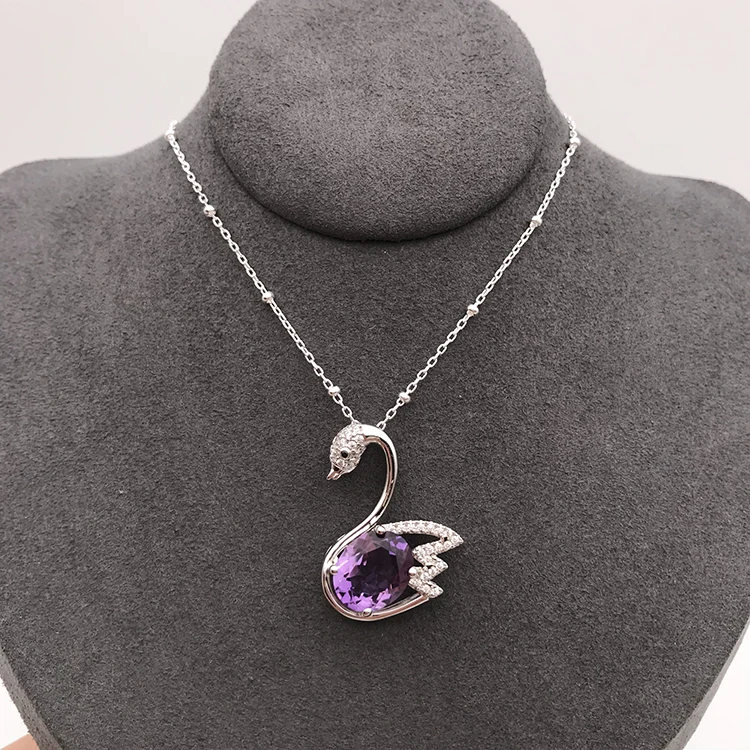 Swan Designed Gemstone Animal Pendant, Animal Designed Charm Jewelry, Fashion Purple Crystal Goose Pendant Necklace