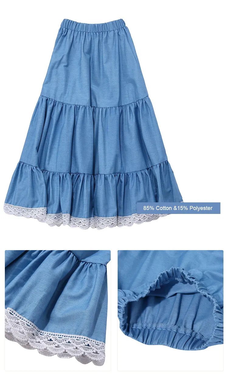 Boutique Hot Sale Kid A-line Skirts Elastic Waist Skirt Lace Denim Long ...