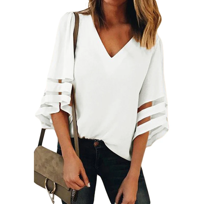 

Womens tops blouses 2018 White Flare Sleeve V Neck Loose blouse women ladies, As shown