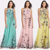 

2016 Summer Style Women Long Dress O Neck Floral Print Chiffon Maxi Dress Elegant Casual Boho Party Dresses Vestidos With Belt
