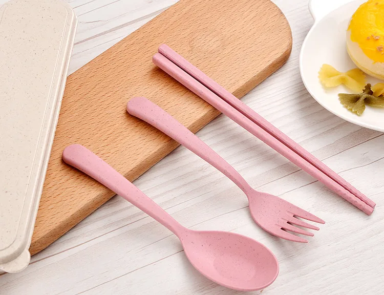 Natural ECO Friendly Material Spoon Fork Chopsticks Wheat Straw Cutlery Set With Box Case