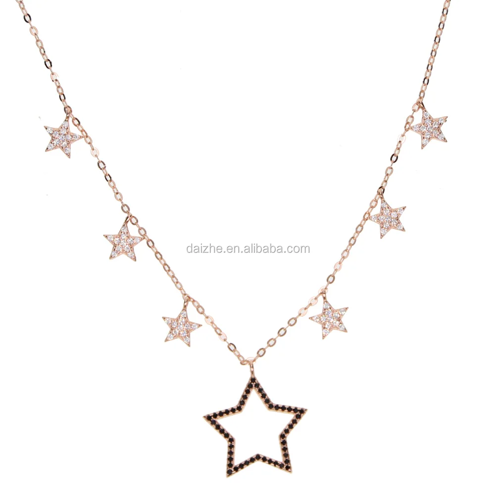 

2021 fashion 925 sterling silver star necklace with black cz paved rose gold chain for women wedding jewelry gift