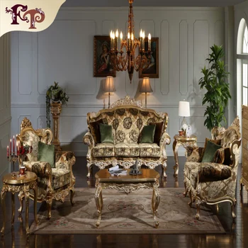 Clic Italian Furniture Royal Gold Leaf Gilding Solid Wood Sofa Set Carving Crystal Wooden