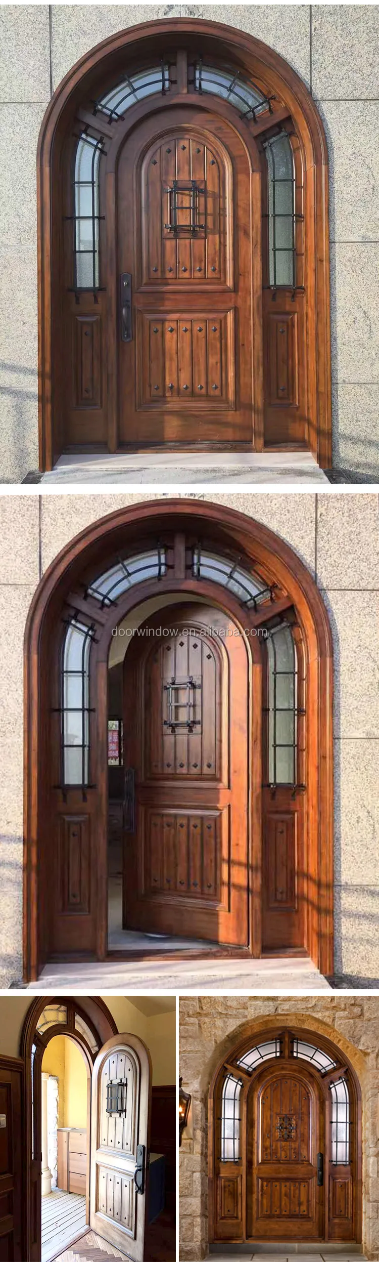 America OEM hand carved arched top double french front doors with transom side lite frosted glass