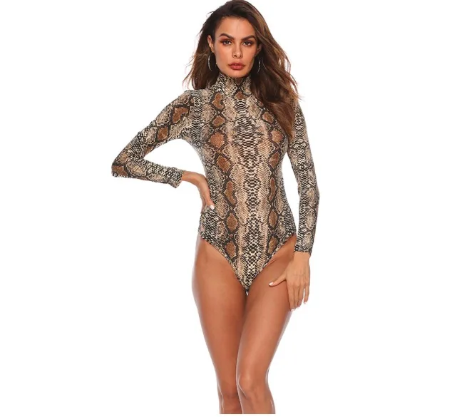 

Leopard Bodysuit for Women Sexy Bodycon Skinny Body Suit Turtleneck Long Sleeve Playsuit Snake Printed Romper Jumpsuits, Gray;black;white;blue
