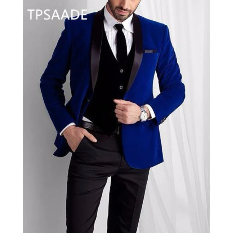 

Blue Velvet Suit Men Blazer Shawl Lapel Formal Night Men Suit With Pants Vest Prom Slim Fit Tuxedo Terno Jacket Costume Homme, Red,black,dark blue/custom made