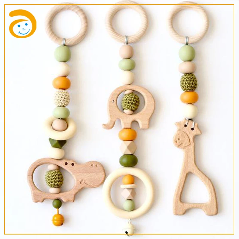 
wooden gym toy wood teether for baby stroller chain 