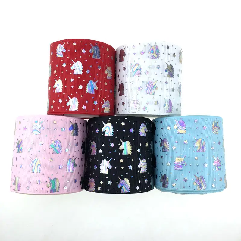 

3"  unicorn foil printed grosgrain ribbon for making big bows , DIY handmade material,100Yards /lot, 196 colors for choose