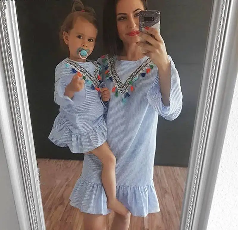 

Family matching clothes Nine Quarter /Short Sleeve Stripe Tassel Mini Dress Mom and daughter dress Mother and daughter clothes