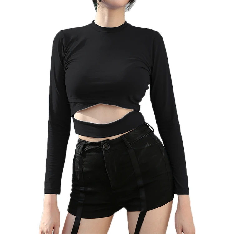 

Wholesale Lady Sexy Long Sleeve Slim Crop Top, Black;purple