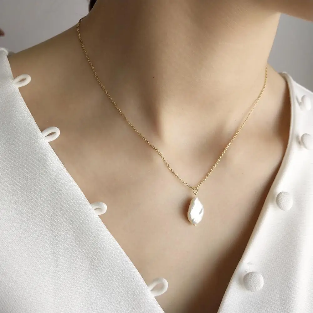 

925 Sterling Silver Baroque Pearl Pendants Necklace Simple Design Necklace, As shown in the picture