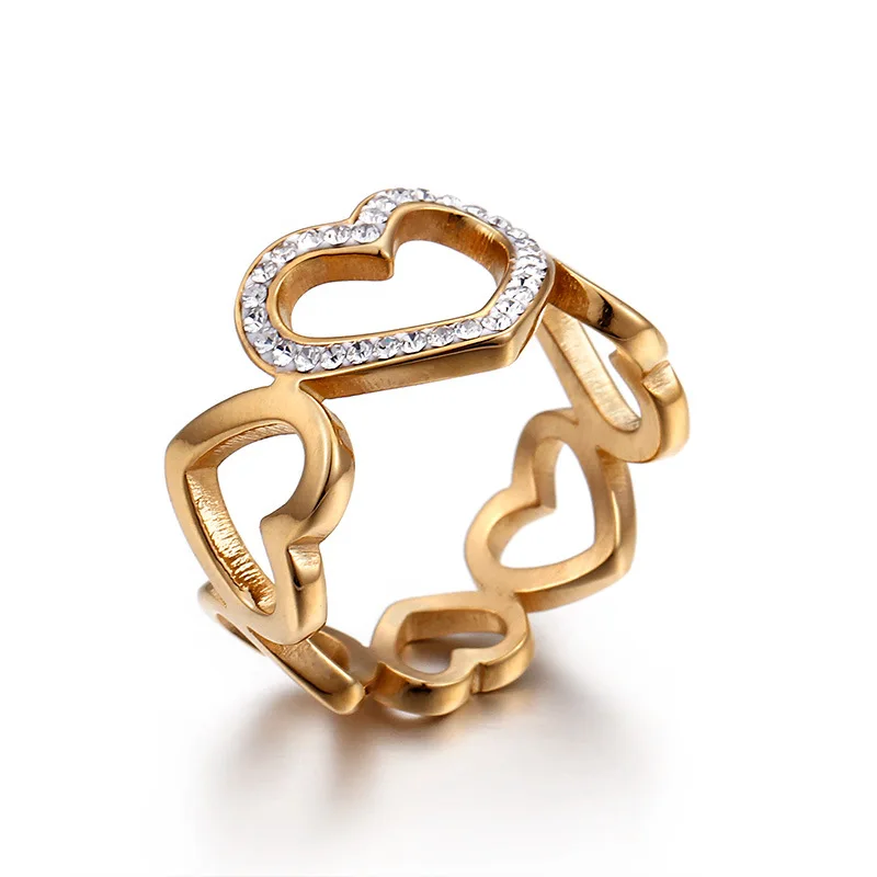

2019 top quality gold plating Stainless Steel Resizable Couple Heart Shaped Diamond hollow Ring for women, Gold or silver