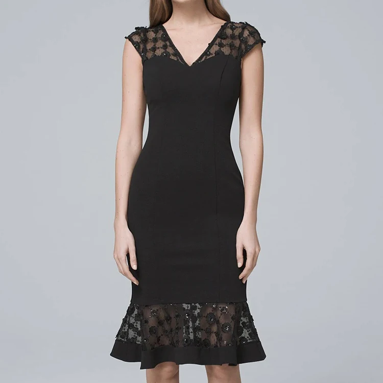 

Elegent Embellished Beaded Lace Detail Black Midi Sheath Party Dress Evening, Customized