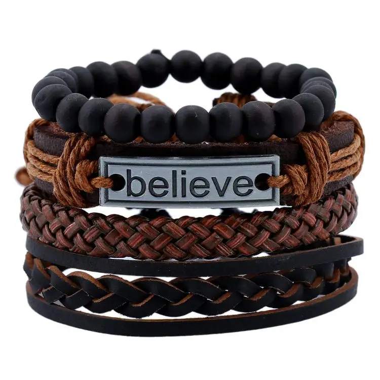 

2019 New Arrival Punk Style Black Stone Beaded Wipe Braided Leather Custom Engraved Believe Faith Bracelets, Brown and black