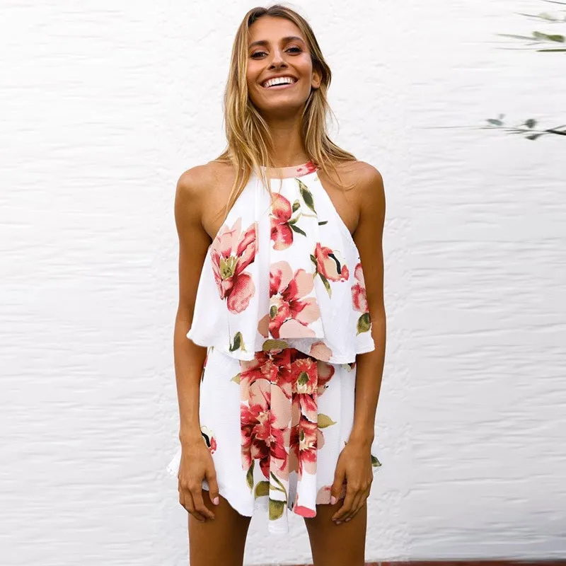 

D6183 Halter Dress Pants For Lady Casual Dress With Flower, Black/white/blue flower