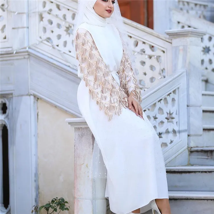

New Arrival sequin tassel sleeve maxi dress for muslim women and girls, Black,white,pink,orange,light blue