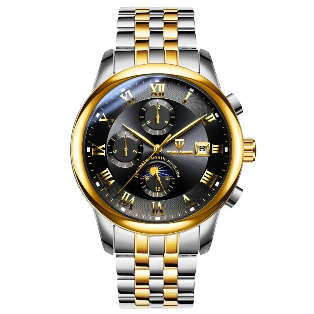 

TEVISE Mechanical Watch Men Moonphase Automatic Selfwinding Watches Complete Calendar Stainless Steel Luminous Wristwatches 9008