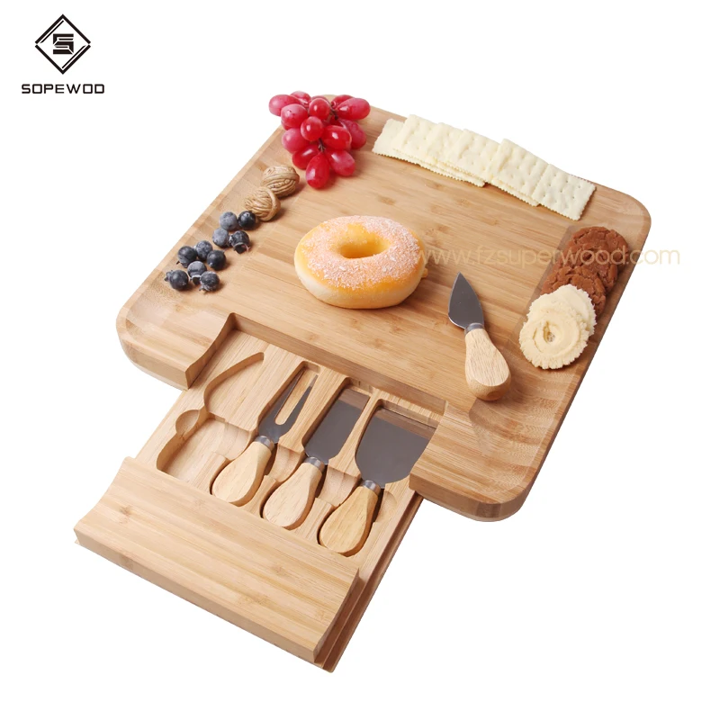 

SOPEWOD Cheese Meat Cutting Board With 4 Knives Slicer Tools custom your logo cheese cutting board, Bamboo