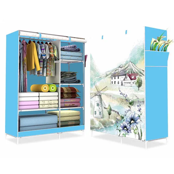 Triple Fabric Canvas Wardrobe Hanging Rail Bedroom Storage Clothes