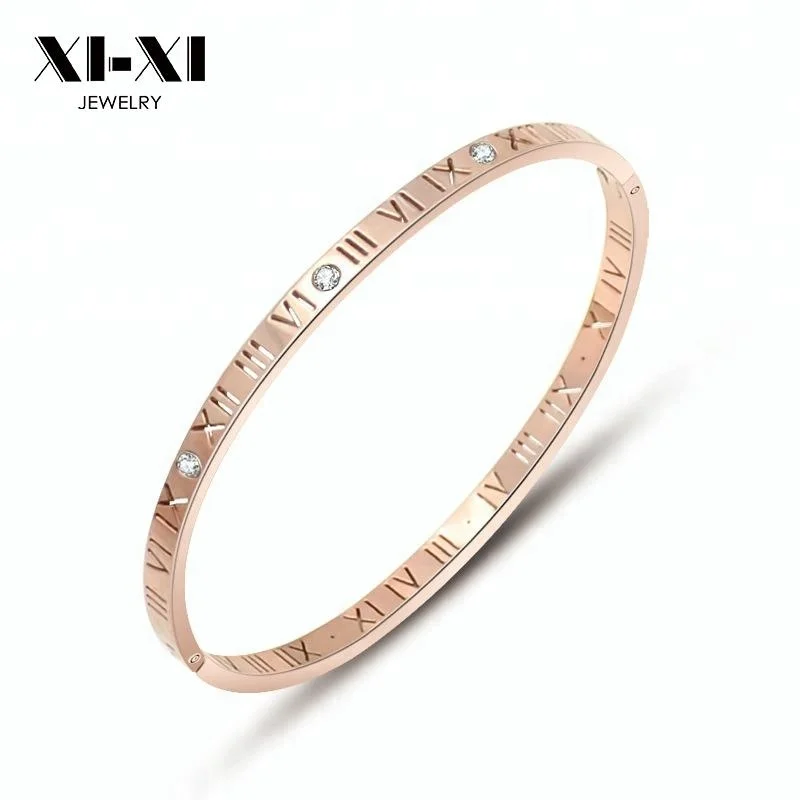 

Rose Gold Roman Number Hollow Out Bangle Bracelet, Gold/rose gold/black/silver