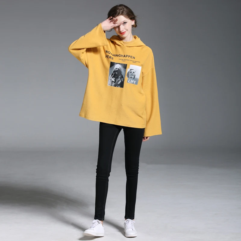 

Yellow customizable women's long sleeve casual loose sports hoodie, Customized