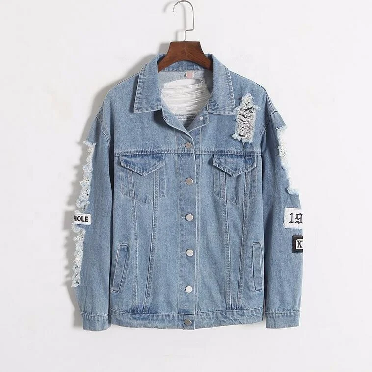 

Where is my mind Korea retro frayed embroidery letter patch women Outwear denim bomber jacket Ripped Distressed Blue Jeans Coat, Light blue