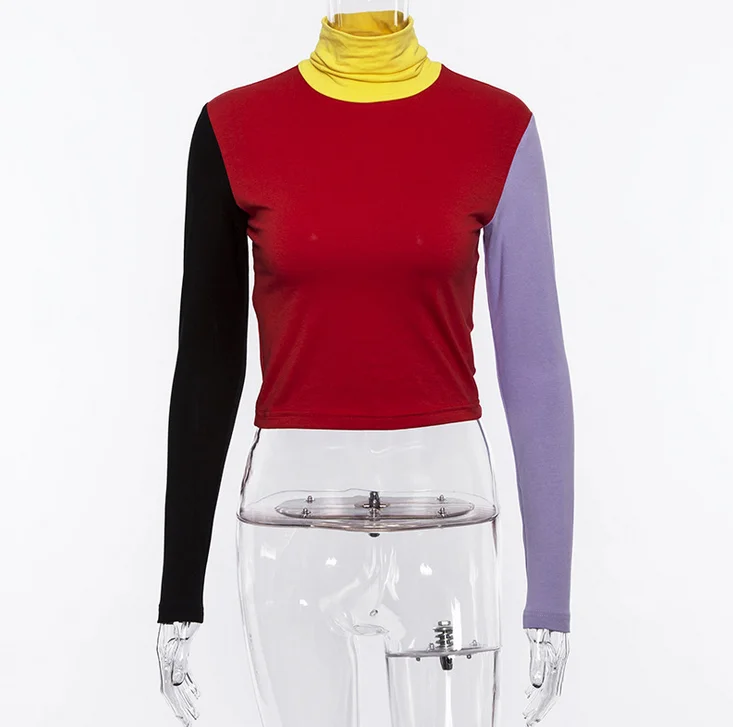 

X85809B Long Sleeve High-Neck Crop Top Ladies Sexy Tight T-shirt, As picture