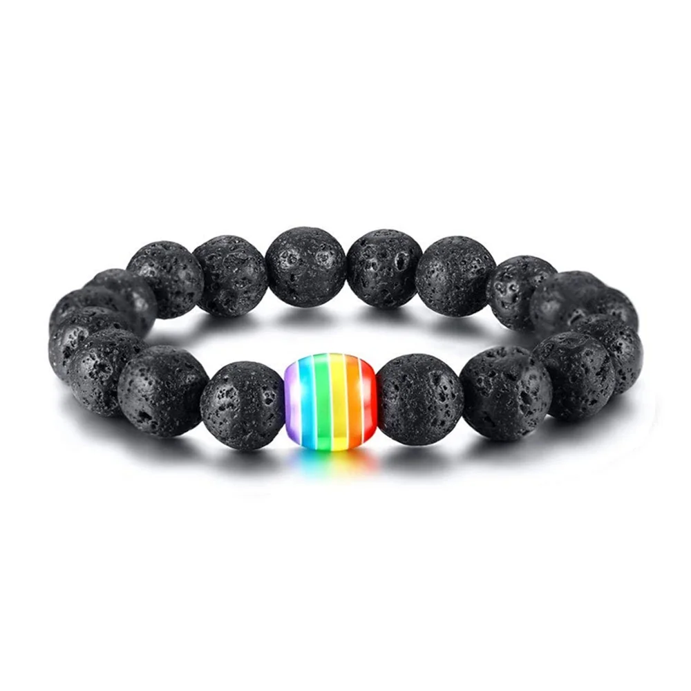 

Wholesale Price Handmade Custom Lava Stone Beaded Relationship Gay Bracelet, Black and rainbow stone beads