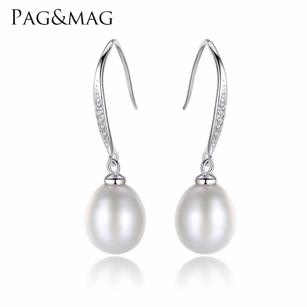 

PAG&MAG Luxury Elegant S925 Sterling Silver Hook Drop Earring With A Great 7mm Natural Pearl Earrings for Women Wedding Jewelry