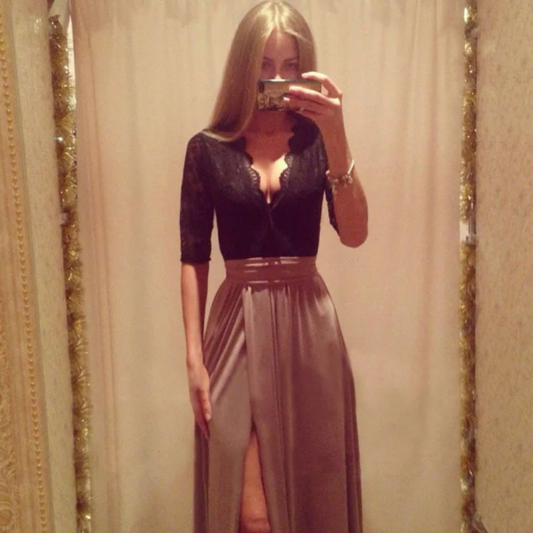 

YQ69 Spring European Women bangade Fashion Fall Floor Length Half Sleeve Lace Maxi Dress, As shown