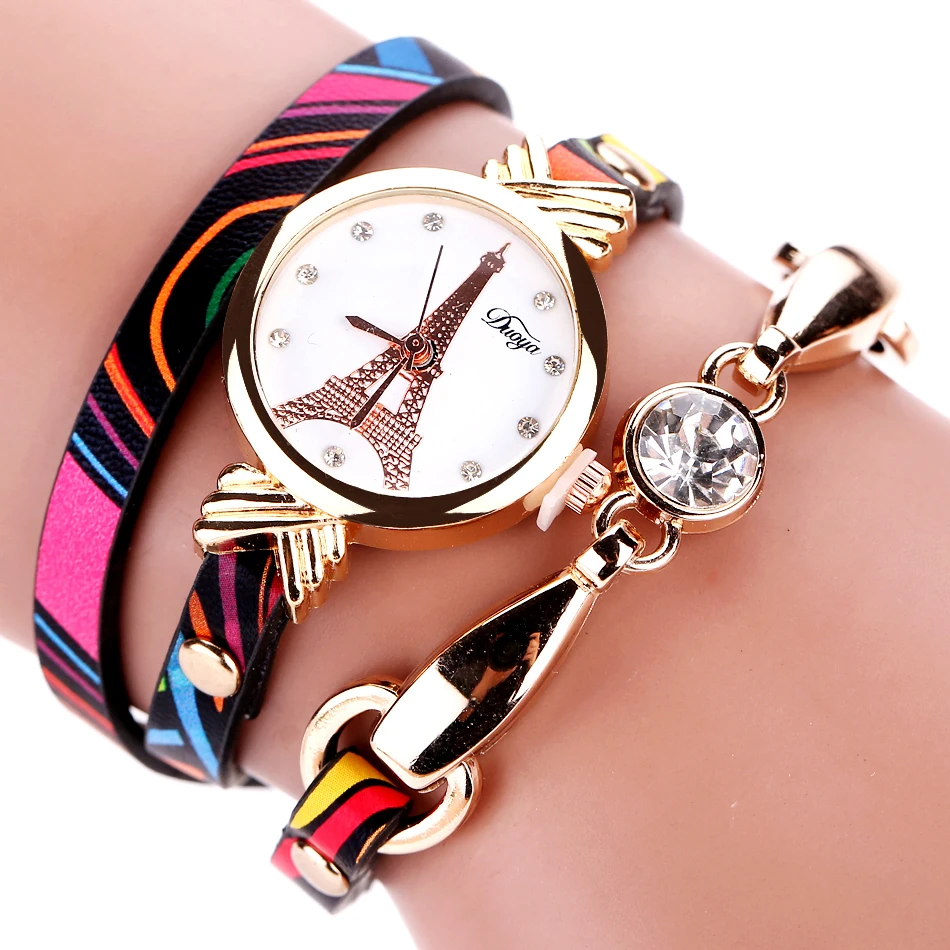 

Duoya Brand Colorful Watch Women Casual Dress Eiffel Tower Bracelet Wristwatch Fashion Classic Women Leather Vintage Wrist Watch, Black;white;rose red