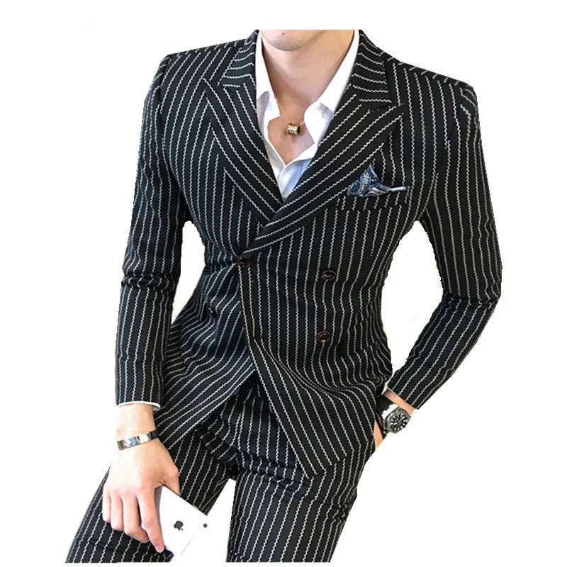 

(Jackets+Vest+Pants) Purple Men Suits Slim Fit Fashion Bridegroom Business Dress Wedding Striped Suits, Picture