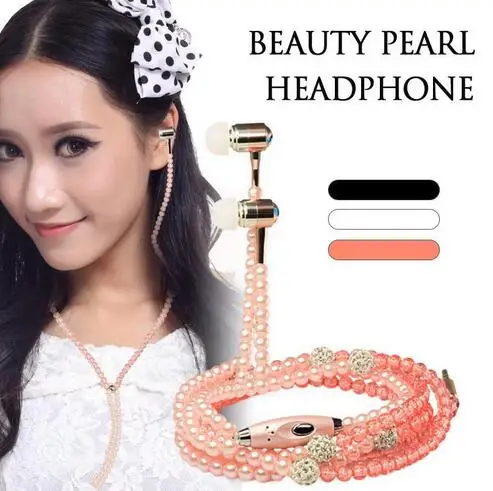 

1.2M Rhinestone Pearl Necklace Chain 3.5mm Wired Earphone Headset Handsfree Earphones Headphone For Smart Phone, Black;pink;white